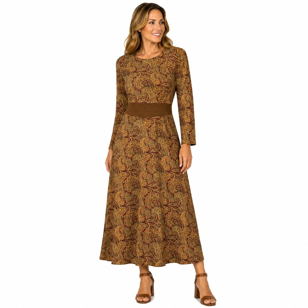 T & Company Maxi Dress Women 10 Petite Brown Paisley Long Sleeve Rayon 811898
